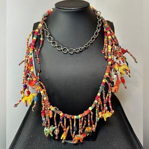 SALE! 41"  All wood, and glass beaded necklace with hand painted animal beads!